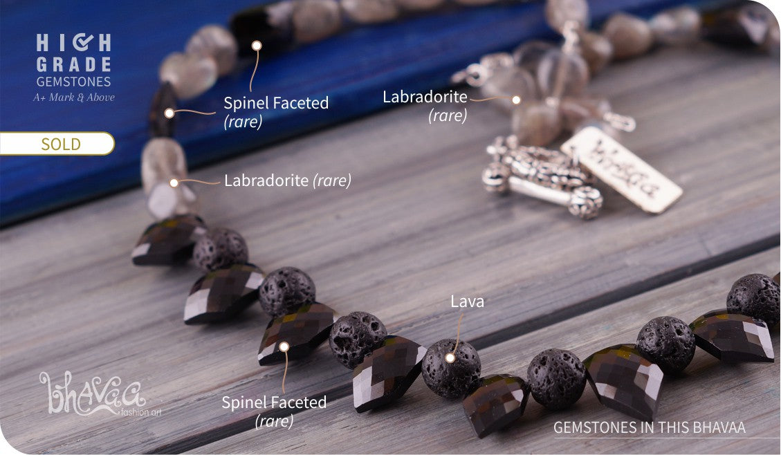 bhavaa Premium Gemstone Jewelry- Necklace. Coy Radiance Collection, Mark-1 | Gemstones: Labradorite, Black Lava, Spinel