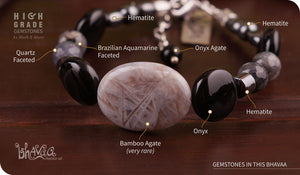 bhavaa Premium Gemstone Jewelry- Bracelet. Innate Poise Collection, Mark-2 | Gemstones: Onyx, Onyx Agate, Grey Brazilian Aquamarine Faceted, Grey Bamboo Agate, Hematite, Grey Quartz Faceted