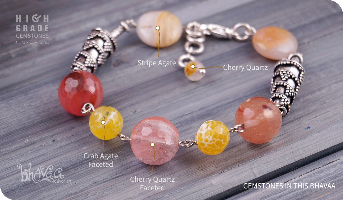 bhavaa Premium Gemstone Jewelry- Bracelet. Vivacious Charm Collection, Mark-2 | Gemstones: Pink Cherry Quartz Faceted, Yellow Stripe Agate, Yellow Crab Agate Faceted