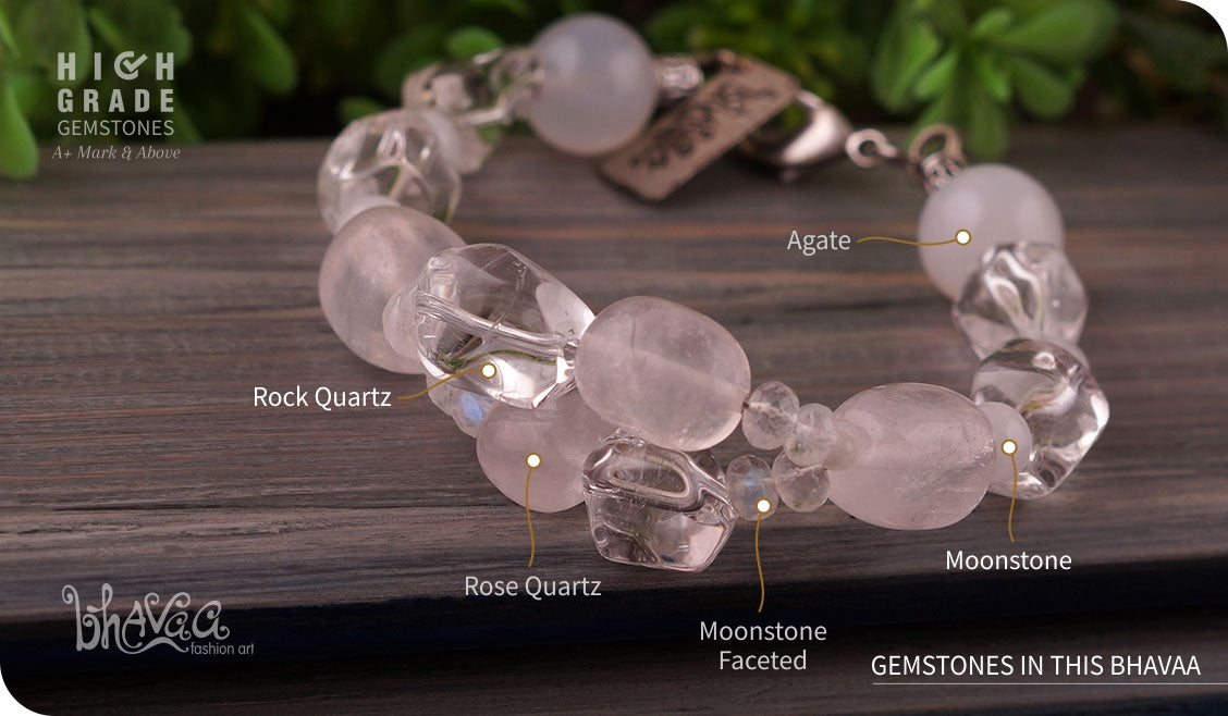 bhavaa Premium Gemstone Jewelry- Bracelet. Subtle Luster Collection, Mark-1 | Gemstones: White Rock Quartz, White Agate, White Rose Quartz, White Moonstone Faceted, Moonstone