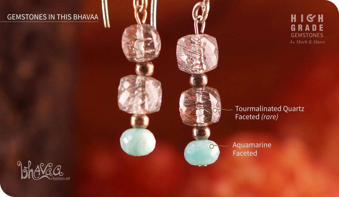 bhavaa Premium Gemstone Jewelry- Earrings. Serene Indulgence Collection, Mark-1 | Gemstones: Aquamarine Faceted, Tourmalinated Quartz Faceted