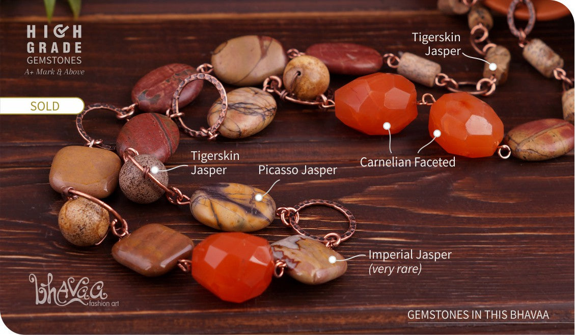 bhavaa Premium Gemstone Jewelry- Necklace. Rustic Elegance Collection, Mark-1 | Gemstones:  Brown Picasso Jasper, Brown Picture Jasper, Brown Imperial Jasper, Orange Carnelian