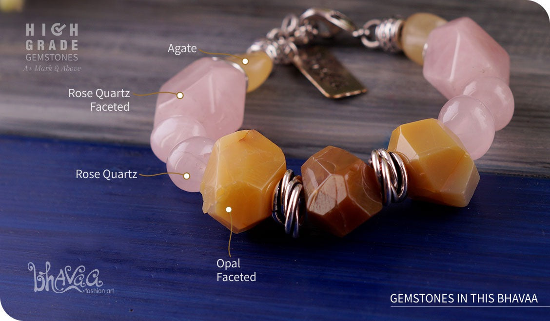 bhavaa Premium Gemstone Jewelry- Bracelet. Vivacious Charm Collection, Mark-1 | Gemstones: Pink Rose Quartz Faceted, Yellow Opal Faceted, Yellow Agate Faceted