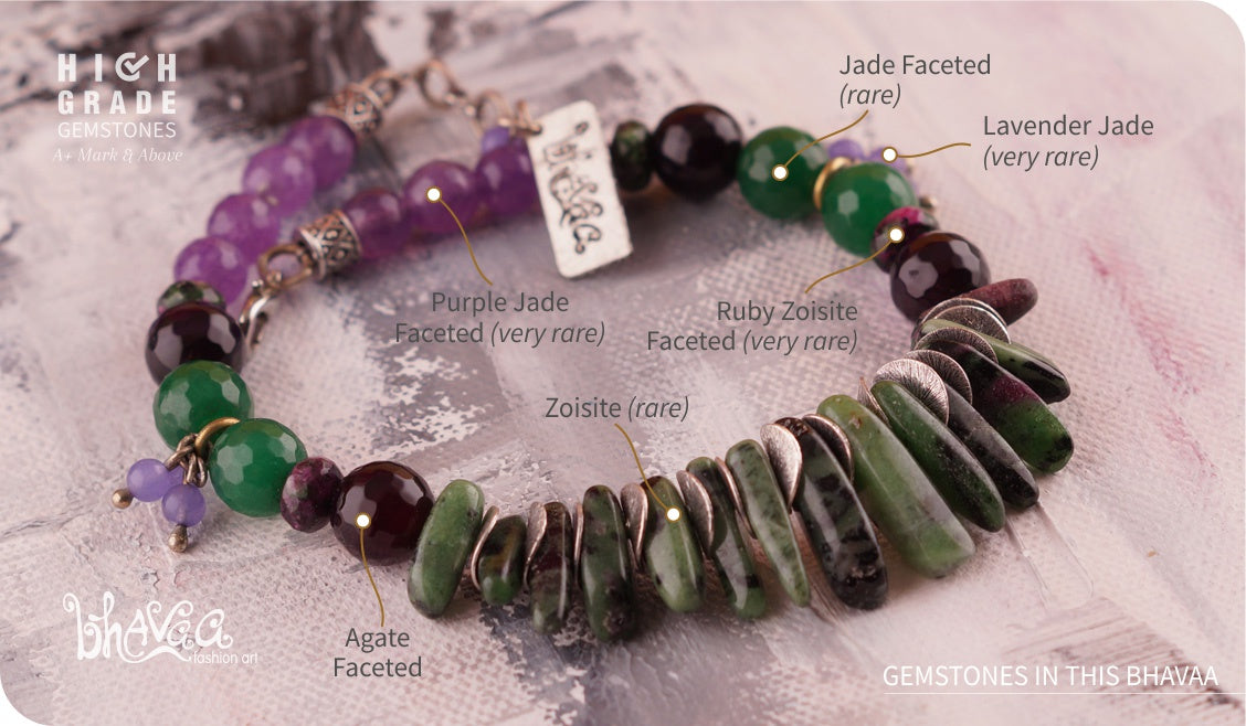 bhavaa Premium Gemstone Jewelry- Anklet. Soothing Vibrancy Collection, Mark-1 | Gemstones: Green Ruby Zoisite Faceted, Purple Jade Faceted, Green Jade Faceted, Lavender Jade, Green Zoisite, Purple Agate Faceted