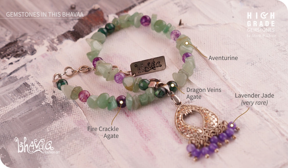 bhavaa Premium Gemstone Jewelry- Anklet. Soothing Vibrancy Collection, Mark-1 | Gemstones: Green Dragon Veins Agate, Purple Fire Crackle Agate, Lavender Jade, Green Aventurine