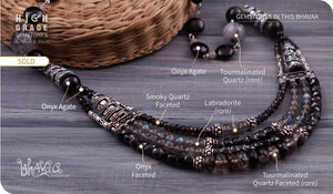 bhavaa Premium Gemstone Jewelry- Necklace. Vivacious Charm Collection, Mark-1 | Gemstones: Black Onyx, Black Onyx Agate, Smoky Quartz, Luminescence Labradorite, Grey Tourmanlinated Quartz