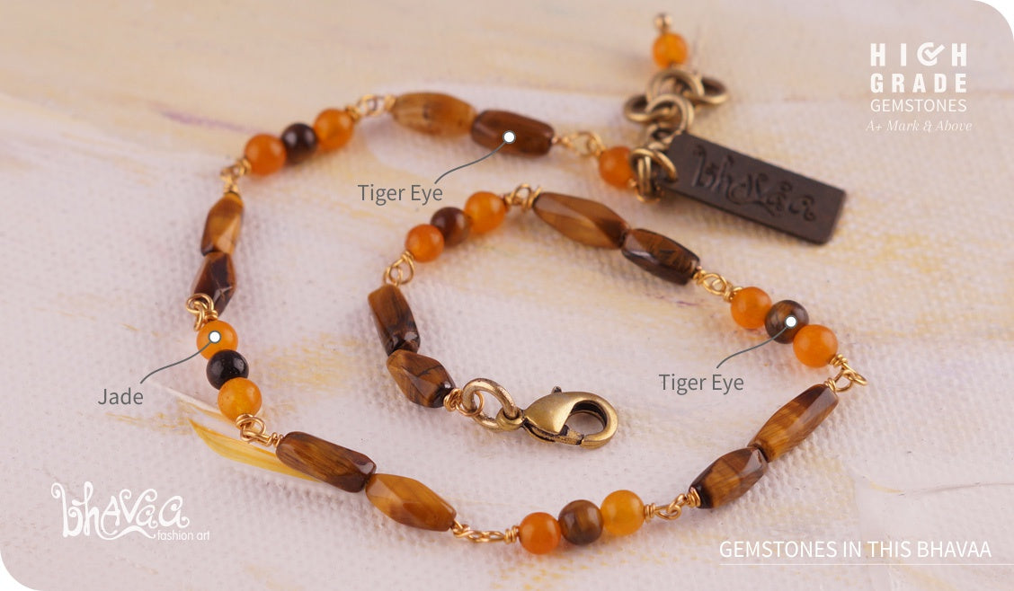 bhavaa Premium Gemstone Jewelry- Anklet. Rustic Elegance Collection, Mark-1 | Gemstones: Tiger Eye, Orange Jade