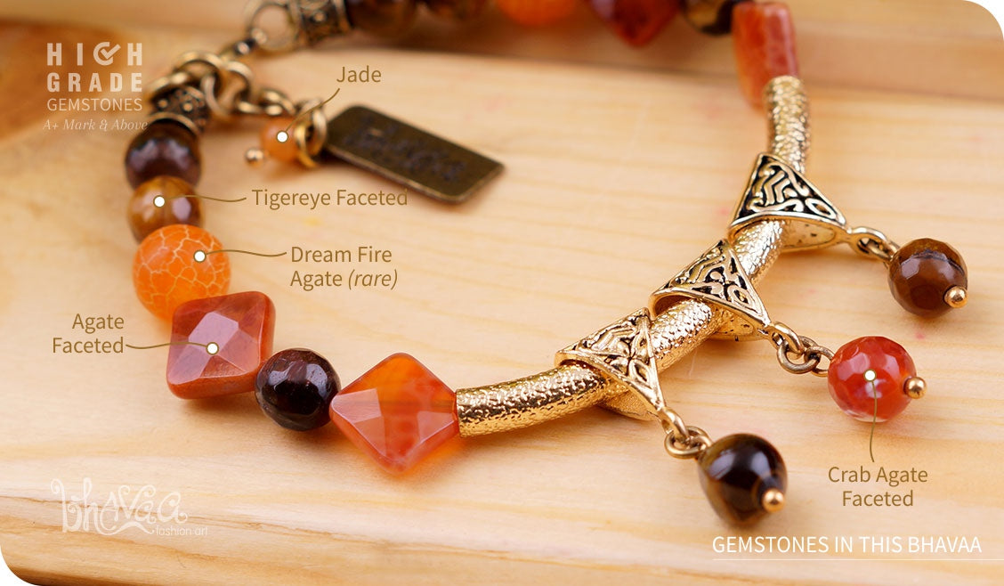 bhavaa Premium Gemstone Jewelry- Bracelet. Rustic Elegance Collection, Mark-2 | Gemstones: Orange Crab Agate, Agate Faceted, Orange Dream Fire Dragon Veins Agate, Orange Jade, Brown Tigereye Faceted