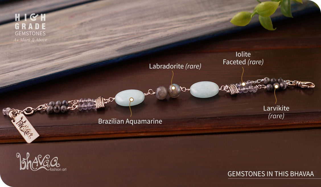 bhavaa Premium Gemstone Jewelry- Bracelet. Serene Indulgence Collection, Mark-1 | Gemstones: Grey Luminescence Labradorite, Blue Brazilian Aquamarine, Grey Iolite Faceted, Grey Larvikite