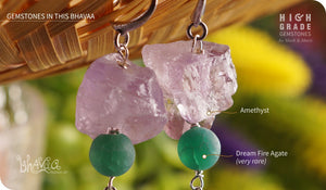 bhavaa Premium Gemstone Jewelry- Earrings. Soothing Vibrancy Collection, Mark-2 | Gemstones: Green Dream Fire Agate, Amethyst