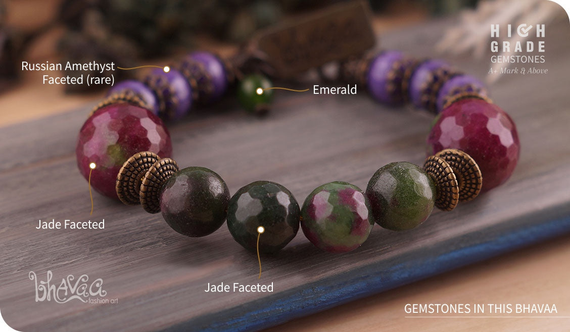 bhavaa Premium Gemstone Jewelry- Bracelet. Soothing Vibrancy Collection, Mark-1 | Gemstones: Green Jade Faceted, Green Emerald, Purple Russian Amethyst Faceted (rare)