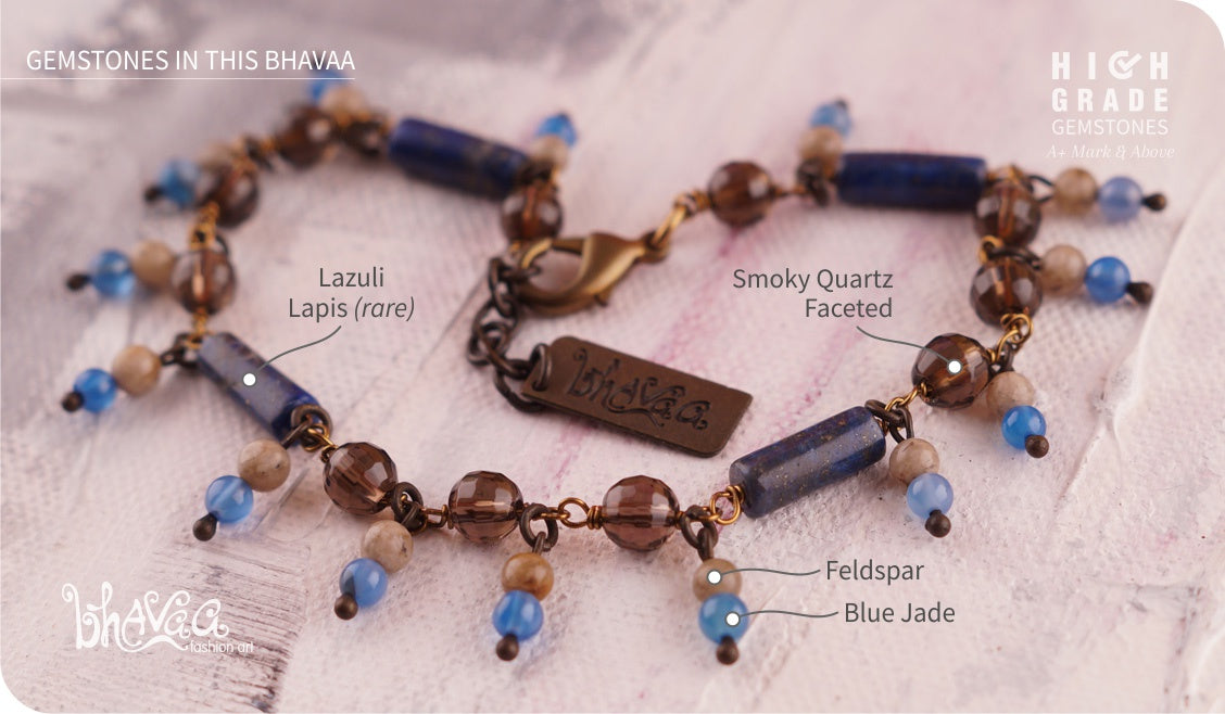 bhavaa Premium Gemstone Jewelry- Anklet. Serene Indulgence Collection, Mark-1 | Gemstones: Blue Jade, Lapis Lazuli, Feldspar, Smoky Quartz Faceted