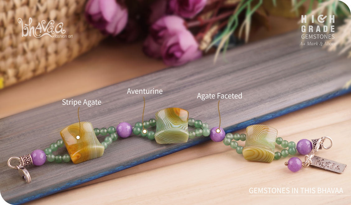 bhavaa Premium Gemstone Jewelry- Bracelet. Products Soothing Vibrancy Collection, Mark-1 | Gemstones: Green Stripe Agate, Purple Agate Faceted, Green Aventurine