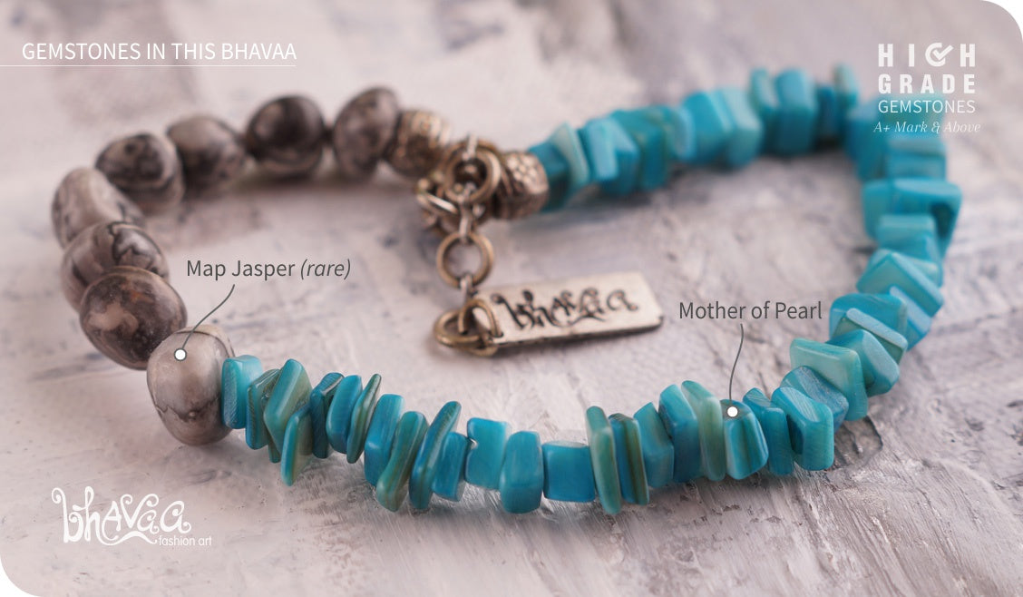 bhavaa Premium Gemstone Jewelry- Anklet. Serene Indulgence Collection, Mark-2 | Gemstones: Blue Mother of Pearl, Map Jasper 