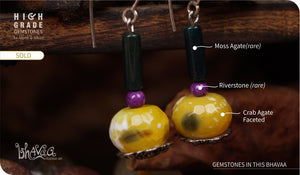 bhavaa Premium Gemstone Jewelry- Earrings. Vivacious Charm Collection, Mark-2 | Gemstones: Green Agate Faceted, Green Moss Agate, Purple Riverstone.