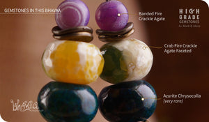 bhavaa Premium Gemstone Jewelry- Earrings. Soothing Vibrancy Collection, Mark-2 | Gemstones: Green Azurite Chrysocolla, Green Crab Fire Crackle Agate Faceted, Purple Banded Fire Crackle Agate