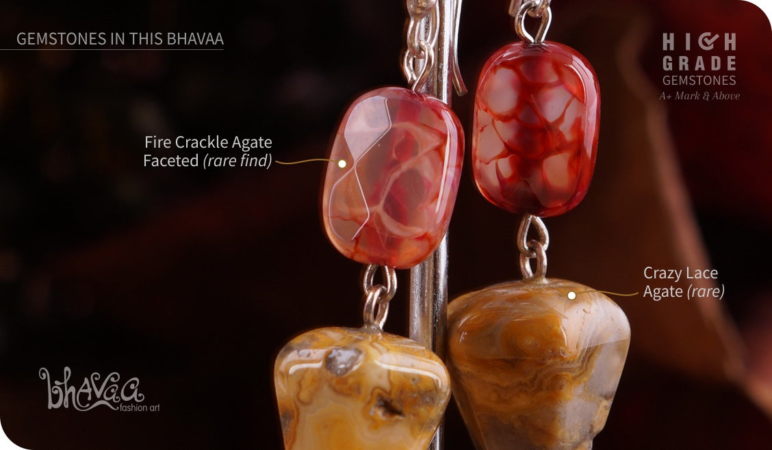 bhavaa Premium Gemstone Jewelry- Earrings. Vivacious Charm Collection, Mark-1 | Gemstones: Pink Fire Crackle Agate Faceted, Yellow Crazy Lace Agate