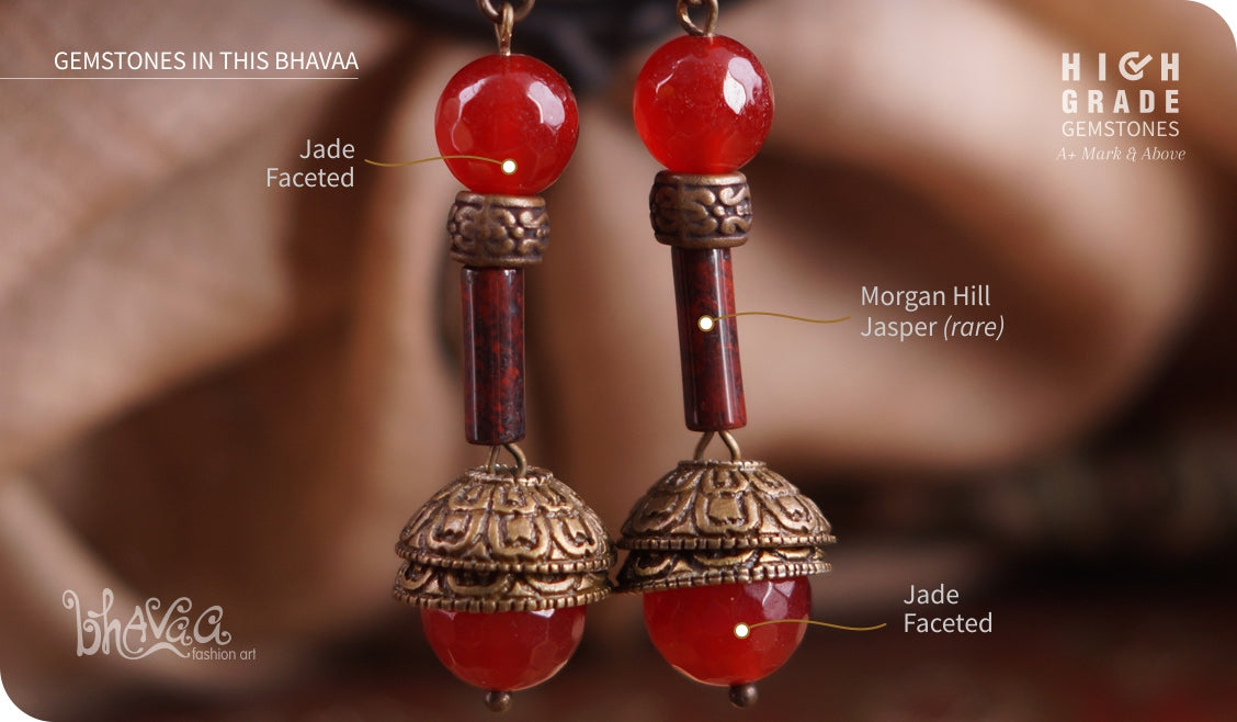 bhavaa Premium Gemstone Jewelry- Earrings. Coy Radiance Collection, Mark-1 | Gemstones: Red Jade Faceted, Red Morgan Hill Jasper