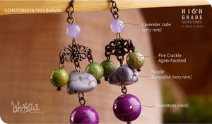 bhavaa Premium Gemstone Jewelry- Earrings. Soothing Vibrancy Collection, Mark-2 | Gemstones: Green Fire Crackle Agate Faceted, Purple Turquoise (very rare), Lavender Jade (very rare), Purple Riverstone (rare)