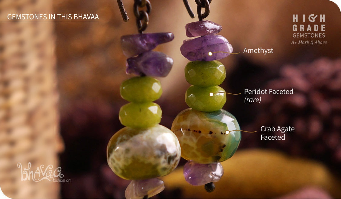 bhavaa Premium Gemstone Jewelry- Earrings. Soothing Vibrancy Collection, Mark-2 | Gemstones: Peridot Faceted, Green Agate Faceted, Amethyst 