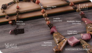 bhavaa Premium Gemstone Jewelry- Necklace. Soothing Vibrancy Collection, Mark-1 | Gemstones: Green Kambaba Jasper, Purple Mookaite Jasper, Purple Crazy Lace Agate, Green Unakite, Moss Agate