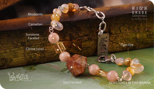 bhavaa Premium Gemstone Jewelry- Bracelet. Vivacious Charm Collection, Mark-1 | Gemstones: Pink Sunstone Faceted, Citrine, Carnelian, Tiger Eye, Yellow Opal Faceted 