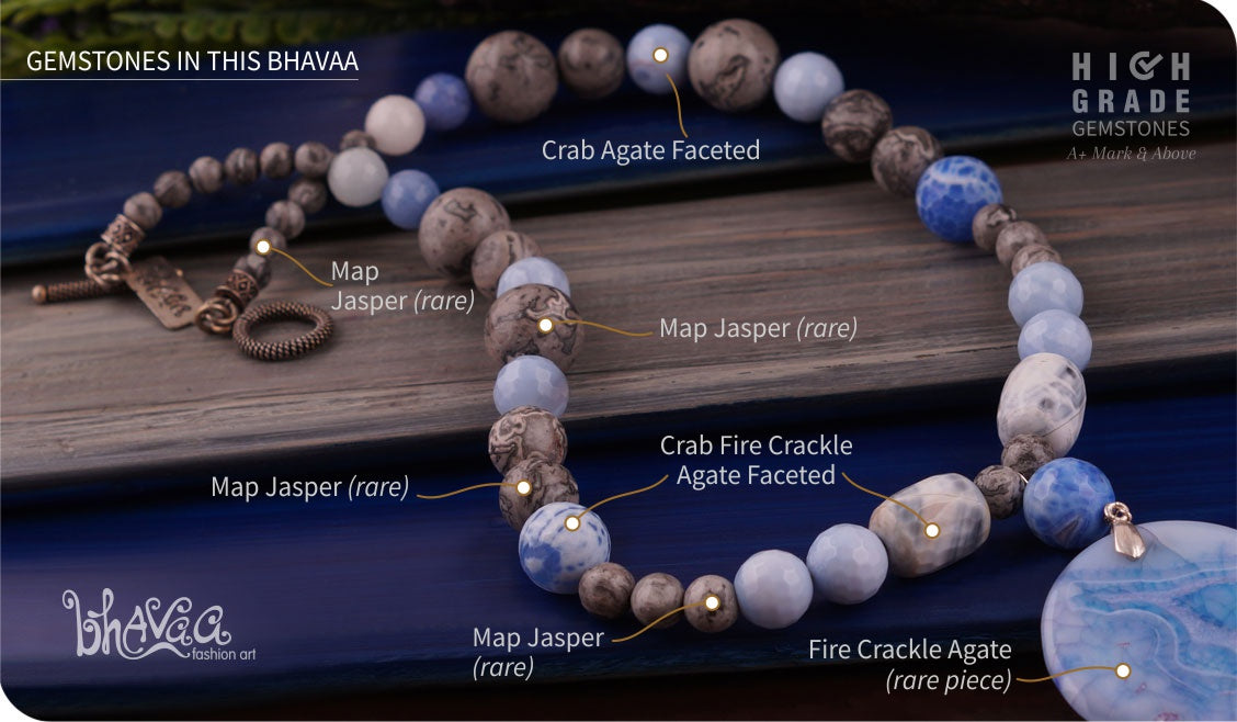 bhavaa Premium Gemstone Jewelry- Necklace. Serene Indulgence Collection, Mark-1 | Gemstones: Grey Map Jasper, Grey Crab Fire Crackle Agate Faceted, Blue Crab Fire Crackle Agate Faceted, Blue Jade Faceted, Blue Fire Crackle Agate