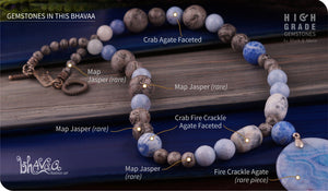 bhavaa Premium Gemstone Jewelry- Necklace. Serene Indulgence Collection, Mark-1 | Gemstones: Grey Map Jasper, Grey Crab Fire Crackle Agate Faceted, Blue Crab Fire Crackle Agate Faceted, Blue Jade Faceted, Blue Fire Crackle Agate