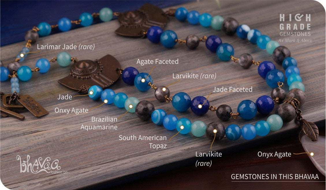 bhavaa Premium Gemstone Jewelry- Necklace. Serene Indulgence Collection, Mark-1 | Gemstones: Grey Onyx Agate, Larvikite, Blue Larimar Jade, Blue Onyx Agate, Jade, Blue South American Topaz, Blue Brazilian Aquamarine, Blue Jade, Agate Faceted