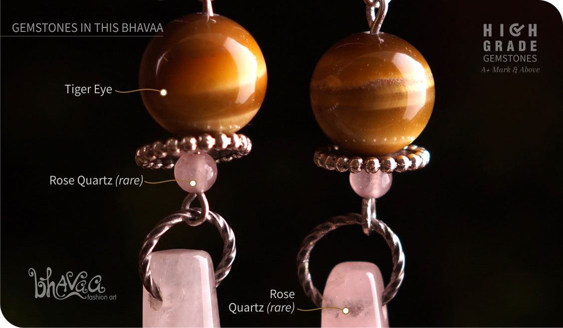 bhavaa Premium Gemstone Jewelry- Earrings. Vivacious Charm Collection, Mark-2 | Gemstones: Pink Rose Quartz, Yellow Tiger Eye, Pink Quartz 