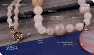 bhavaa Premium Gemstone Jewelry- Necklace. Subtle Luster Collection, Mark-1 | Gemstones: White Druzy Geode Agate, White Fire Crackle Agate Faceted, White Agate, Jade