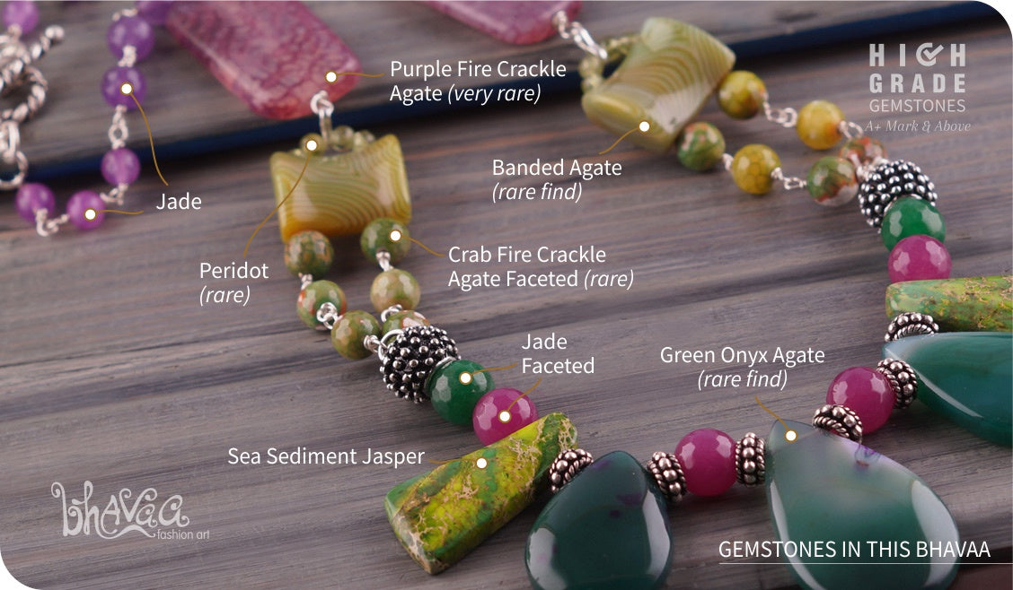 bhavaa Premium Gemstone Jewelry- Necklace. Soothing Vibrancy Collection, Mark-1 | Gemstones: Green Onyx Agate, Green Crab Fire Crackle Agate Faceted, Purple Fire Crackle Agate, Green Banded Agate, Green Sea Sediment Jasper, Purple Jade Faceted, Green Jade Faceted, Peridot, Purple Jade