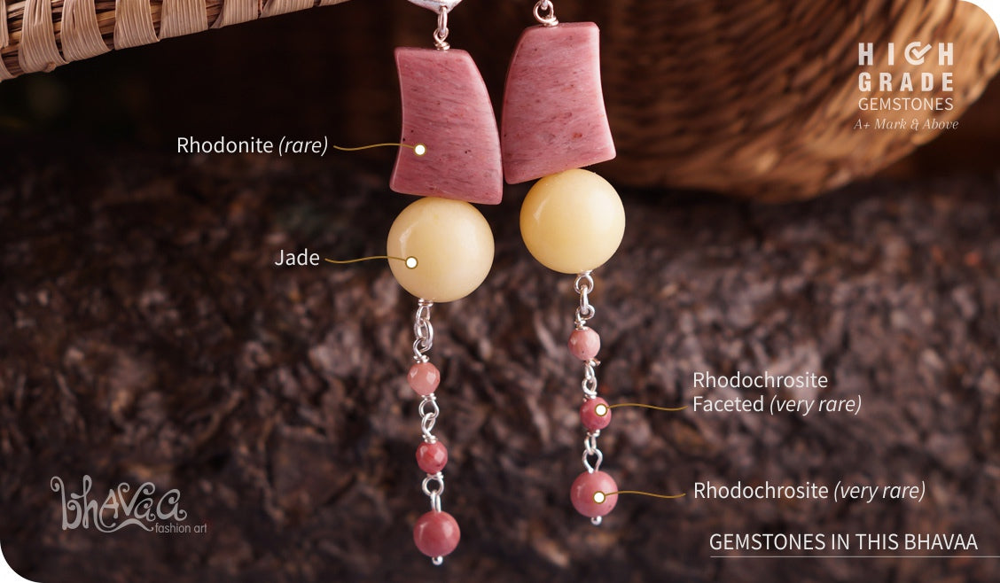 bhavaa Premium Gemstone Jewelry- Earrings. Vivacious Charm Collection, Mark-1 | Gemstones: Pink Rhodonite, Yellow Jade, Pink Rhodochrosite Faceted