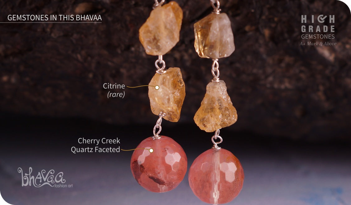 bhavaa Premium Gemstone Jewelry- Earrings. Vivacious Charm Collection, Mark-1 | Gemstones: Cherry Creek Quartz Faceted, Citrine Rough