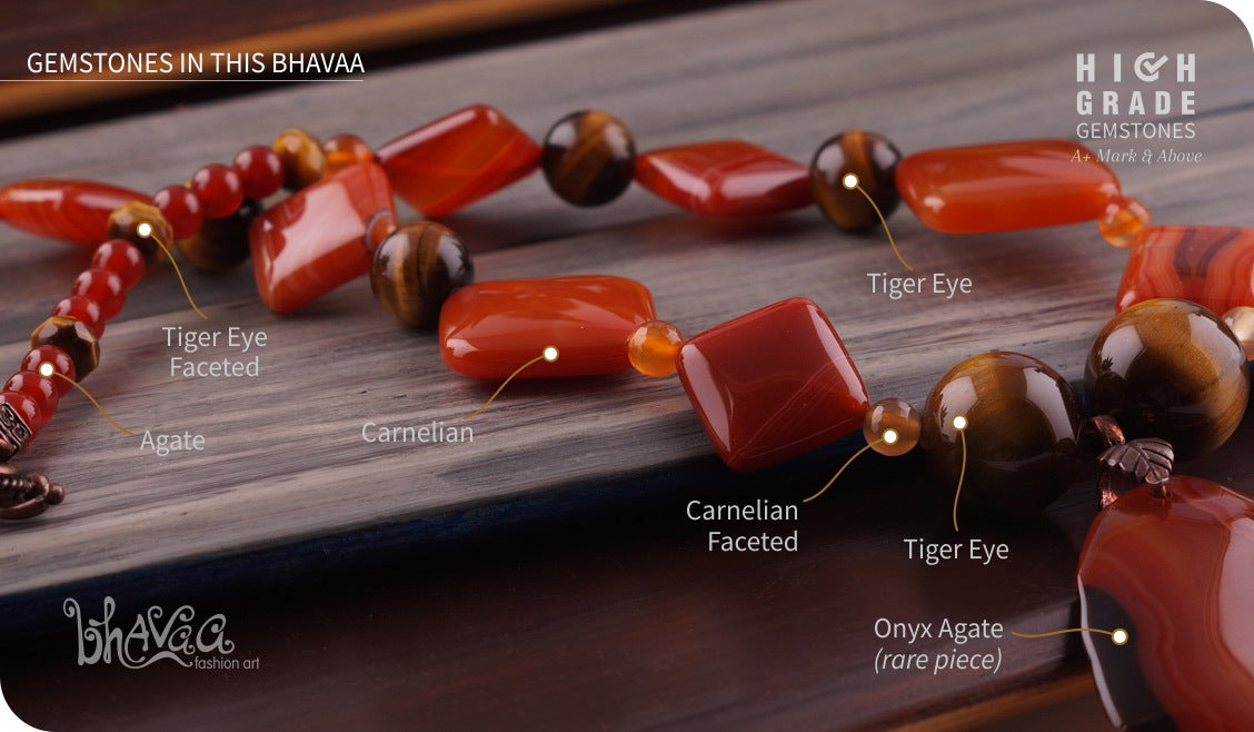 bhavaa Premium Gemstone Jewelry- Necklace. Rustic Elegance Collection, Mark-1 | Gemstones: Brown Onyx Agate, Tiger Eye, Carnelian Faceted, Brown Agate