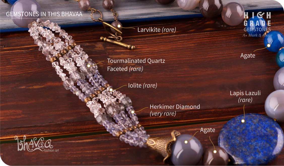 bhavaa Premium Gemstone Jewelry- Necklace. Serene Indulgence Collection, Mark-1 | Gemstones: Lapis Lazuli, Agate, Grey Agate, Larvikite, Grey Rutilated Quartz, Iolite Faceted, White-Grey Herkinar Diamond