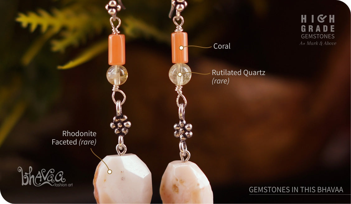 bhavaa Premium Gemstone Jewelry- Earrings. Vivacious Charm Collection, Mark-2 | Gemstones: Rhodonite Faceted, Pink Coral, Yellow Rutilated Quartz