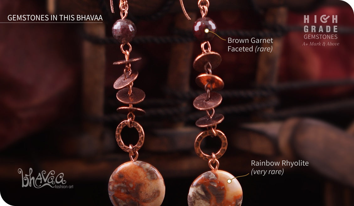 bhavaa Premium Gemstone Jewelry- Earrings. Rustic Elegance Collection, Mark-1 | Gemstones: Brown Rainbow Rhyolite Faceted, Brown Garnet Faceted