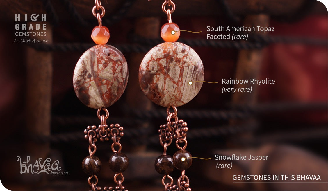 bhavaa Premium Gemstone Jewelry- Earrings. Rustic Elegance Collection, Mark-2 | Gemstones: Snowflake Jasper, Orange South American Topaz Faceted, Brown Rainbow Rhyolite