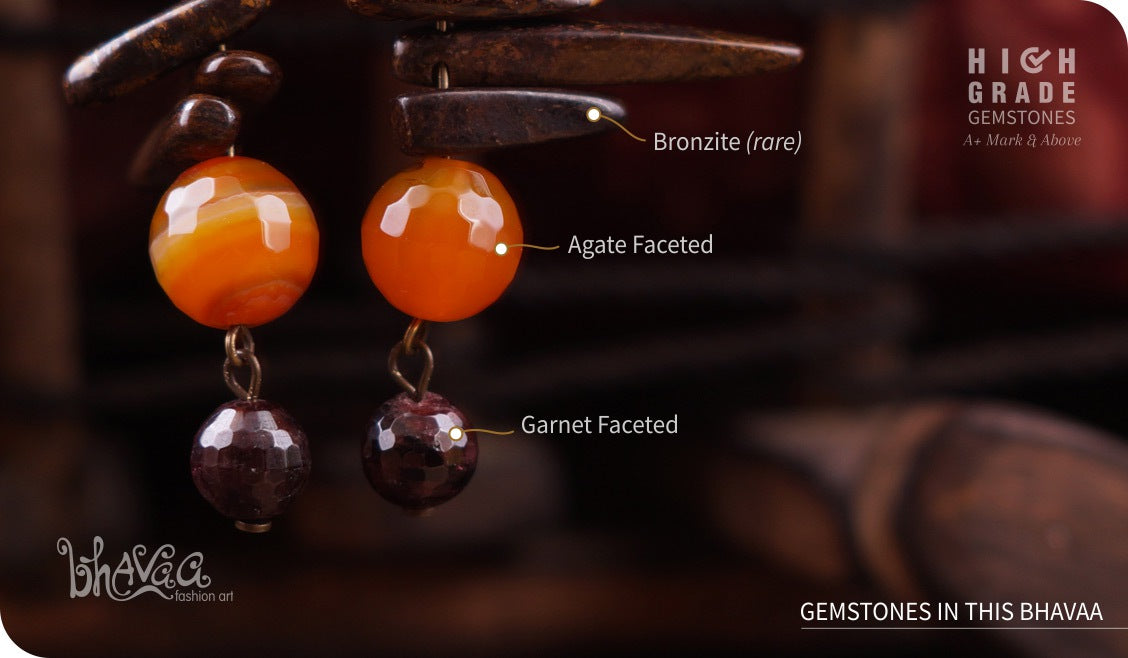 bhavaa Premium Gemstone Jewelry- Earrings. Rustic Elegance Collection, Mark-1 | Gemstones: Orange Agate Faceted, Garnet Faceted, Bronzite