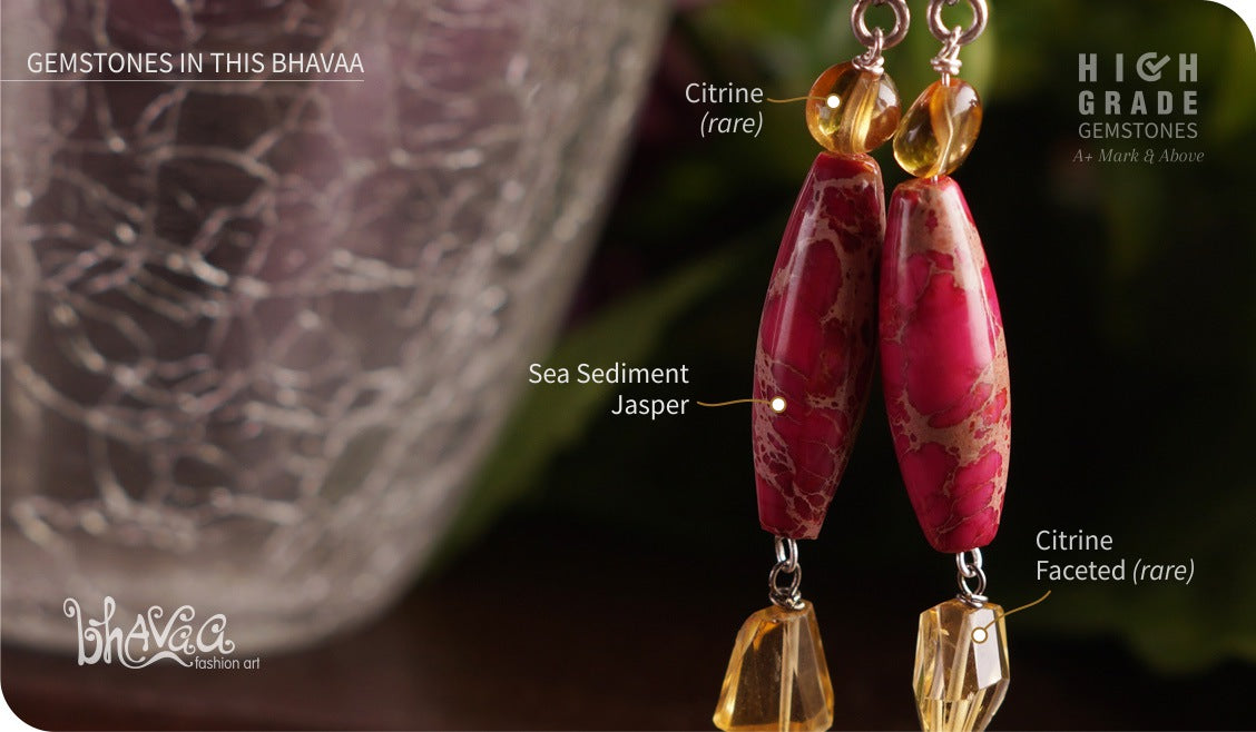 bhavaa Premium Gemstone Jewelry- Earrings. Vivacious Charm Collection, Mark-1 | Gemstones: Pink Sea Sediment Jasper, Citrine Faceted