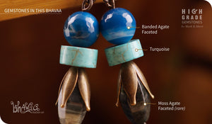 bhavaa Premium Gemstone Jewelry- Earrings. Serene Indulgence Collection, Mark-2 | Gemstones: Blue Turquoise, Blue Banded Agate Faceted, Grey Moss Agate Faceted