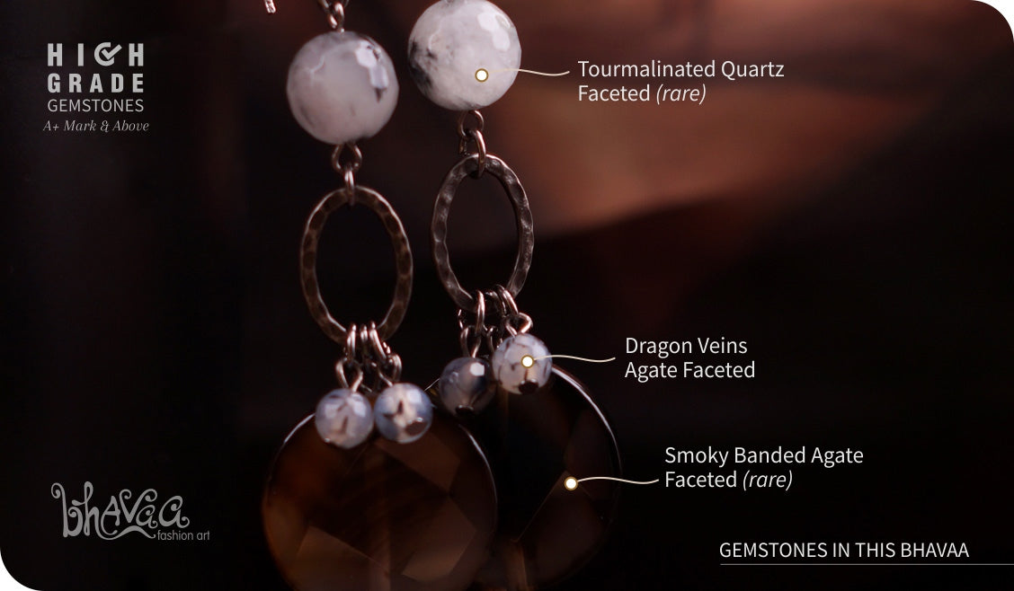 bhavaa Premium Gemstone Jewelry- Earrings. Innate Poise Collection, Mark-1 | Gemstones: Grey Dragon Veins Agate Faceted, Grey Tourmalinated Quartz Faceted, Black Smoky Banded Agate Faceted