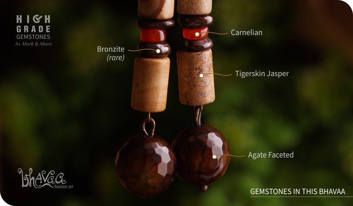 bhavaa Premium Gemstone Jewelry- Earrings. Rustic Elegance Collection, Mark-2 | Gemstones: Agate Faceted, Brown Bronzite, Jasper, Carnelian 