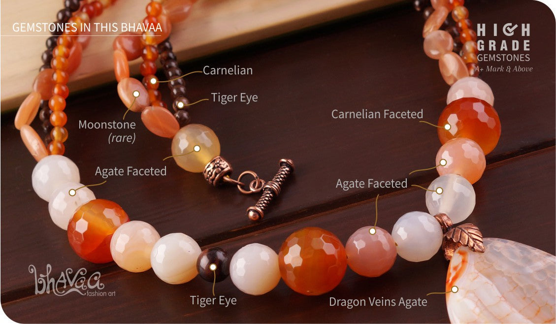 bhavaa Premium Gemstone Jewelry- Necklace. Rustic Elegance Collection, Mark-1 | Gemstones: Orange Dragon Veins Agate, Orange Agate, Carnelian Faceted ,Orange Moonstone, Carnelian, Tiger Eye