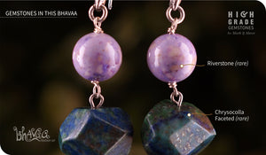 bhavaa Premium Gemstone Jewelry- Earrings. Soothing Vibrancy Collection, Mark-2 | Gemstones: Green Chrysocolla Faceted, Purple Riverstone