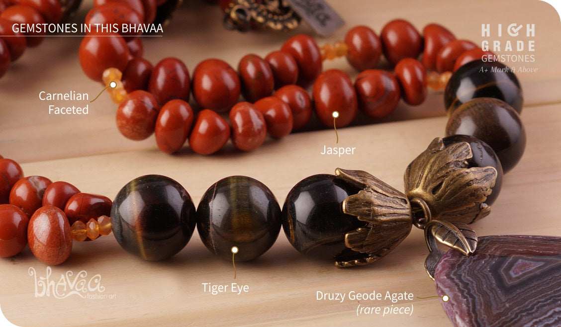 bhavaa Premium Gemstone Jewelry- Necklace. Rustic Elegance Collection, Mark-1 | Gemstones: Brown Druzy Geode Agate, Tiger Eye, Jasper, Carnelian 