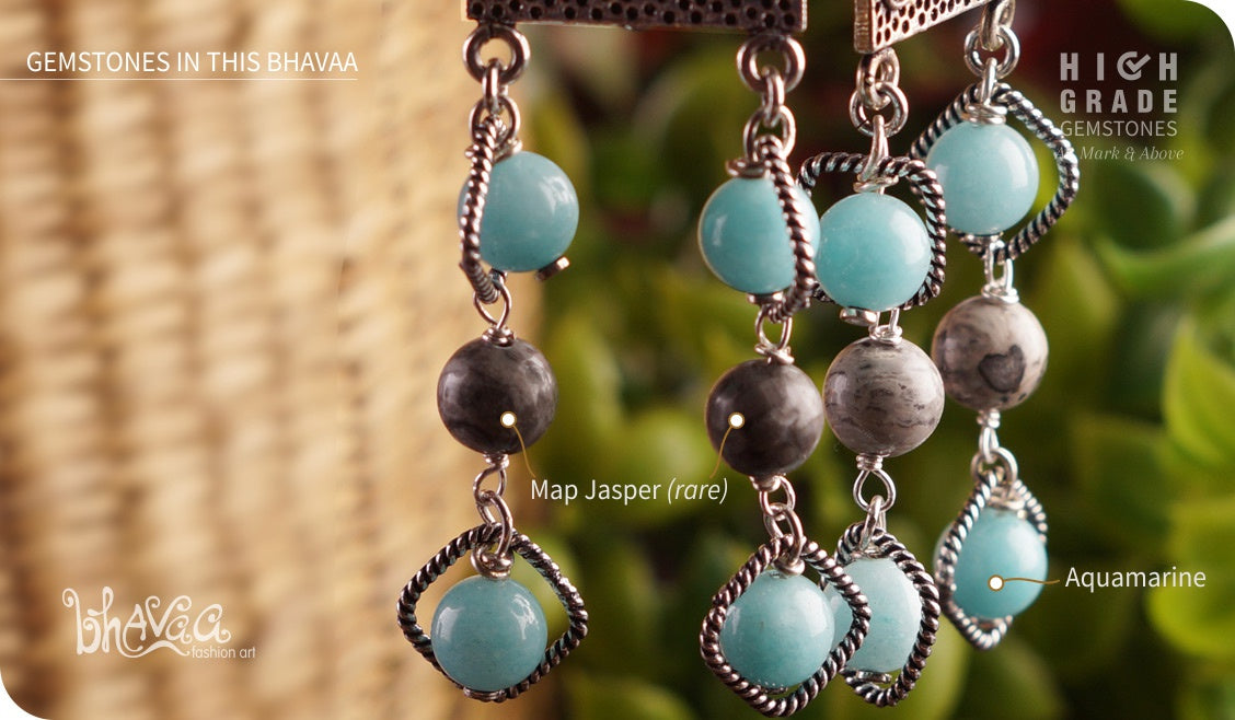 bhavaa Premium Gemstone Jewelry- Earrings. Serene Indulgence Collection, Mark-1 | Gemstones: Grey Map Jasper, Brazilian Aquamarine