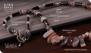 bhavaa Premium Gemstone Jewelry- Necklace. Innate Poise Collection, Mark-2 | Gemstones: Grey Botswana Agate, Agate Faceted, Grey Cloudy Quartz, Black Agate, Onyx Agate, Black Rutilated Quartz Faceted