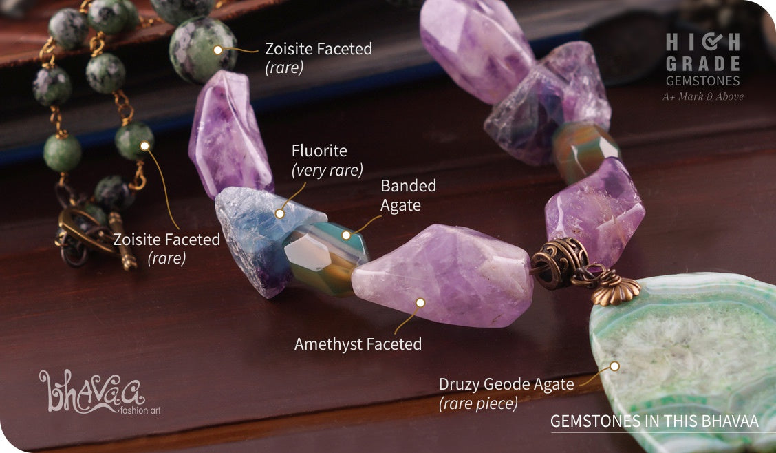 bhavaa Premium Gemstone Jewelry- Necklace. Soothing Vibrancy Collection, Mark-1 | Gemstones: Green Druzy Geode Agate, Green Fluorite, Green Zoisite Faceted, Banded Agate Faceted, Amethyst Faceted